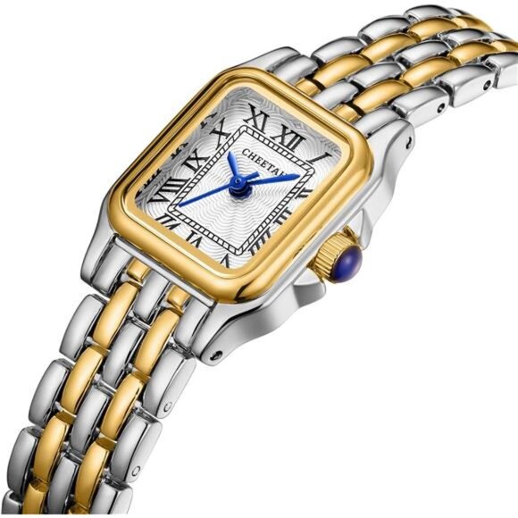 Gold Watches for Women with Small Vintage Bracelet, Rectangular Case